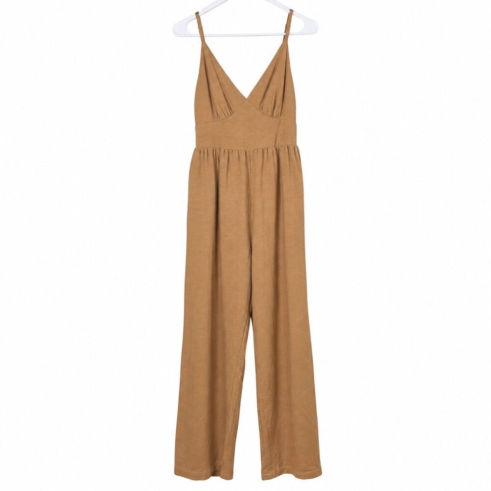 Joppa Size Large Brown Linen Blend Wide Leg Jumpsuit Boho Minimalist